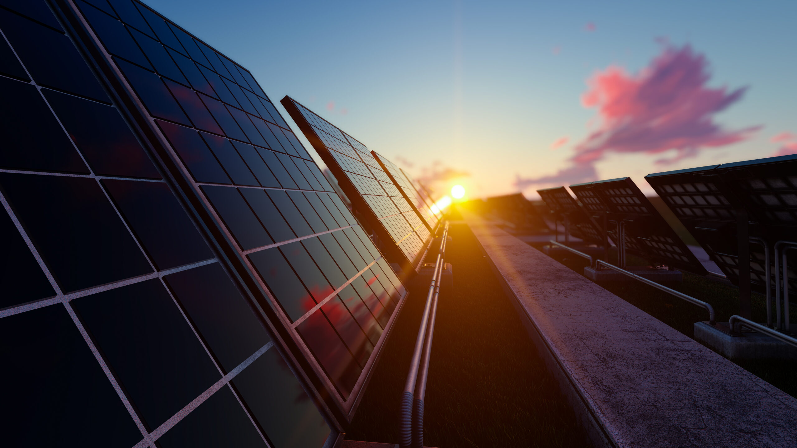 Sunrise,Through,The,Solar,Panels,3d,Rendering